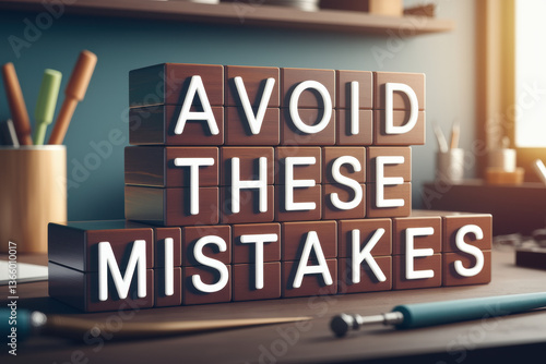 Inspiring Desk Scene with 'Avoid These Mistakes' Message in Bright Natural Light for Productive Work Environment