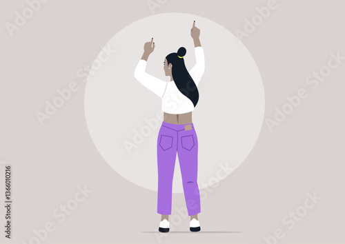 A girl dances with enthusiasm and style, her arms raised high, embracing the rhythm of music in a modern artistic space, the atmosphere is vibrant and full of energy