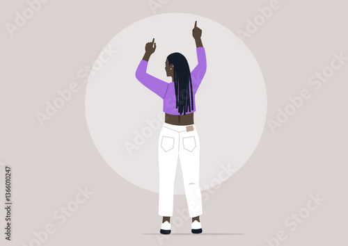 A girl dances with enthusiasm and style, her arms raised high, embracing the rhythm of music in a modern artistic space, the atmosphere is vibrant and full of energy