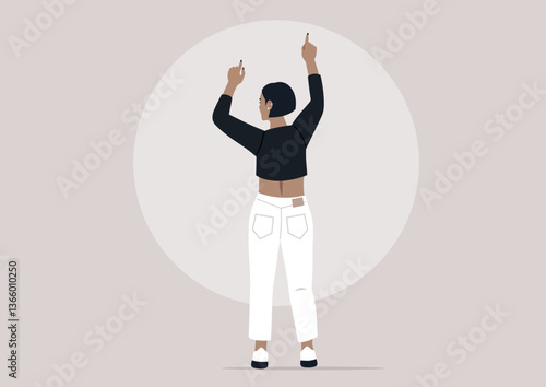 A girl dances with enthusiasm and style, her arms raised high, embracing the rhythm of music in a modern artistic space, the atmosphere is vibrant and full of energy