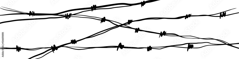 Barbed wire fence vector silhouette, military border or prison security barrier. Chain-link pattern with sharp spikes, war-themed background element. Flat illustration isolated on white. Barbed wire fence vector silhouette, military border or prison security barrier. Chain-link pattern with sharp spikes, war-themed background element. Flat illustration isolated on white.
