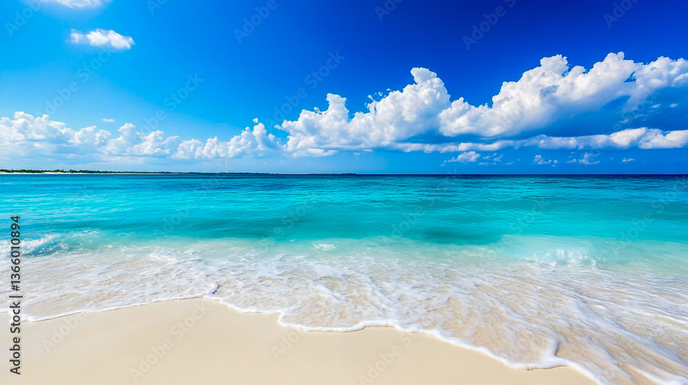 A vibrant beach scene featuring turquoise water white sand and a bright blue sky with clouds A vibrant beach scene featuring turquoise water white sand and a bright blue sky with clouds