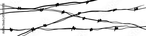 Barbed wire fence vector silhouette, military border or prison security barrier. Chain-link pattern with sharp spikes, war-themed background element. Flat illustration isolated on white.