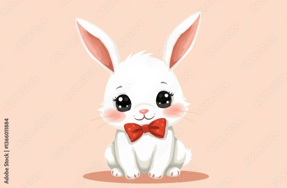 Adorable animated bunny with big sparkling eyes and a charming red bow tie on a soft peach background. Perfect for children's illustrations and cartoons. Adorable animated bunny with big sparkling eyes and a charming red bow tie on a soft peach background. Perfect for children's illustrations and cartoons.