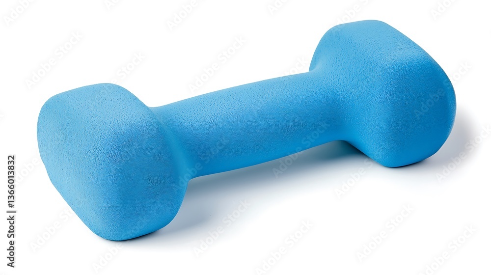 A blue dumbbell is sitting on a white background A blue dumbbell is sitting on a white background