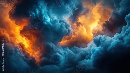 Celestial Divide: A Symphony of Blue and Gold Clouds Amidst a Mysterious Atmosphere