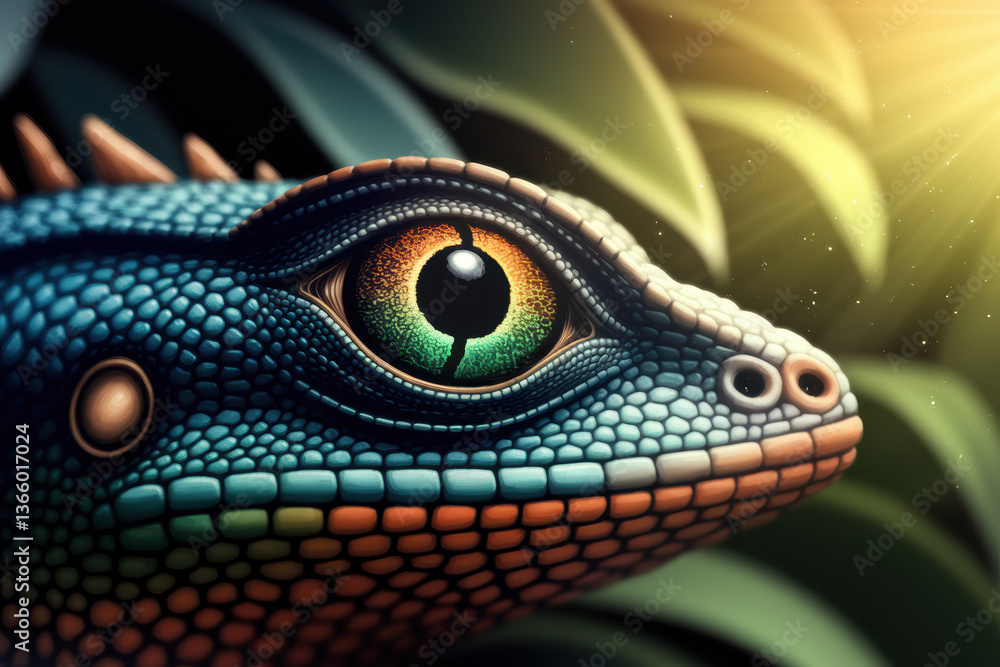 Fototapeta premium Vibrant Close-Up of a Colorful Lizard with Striking Eye Detail Against a Tropical Background in Radiant Light