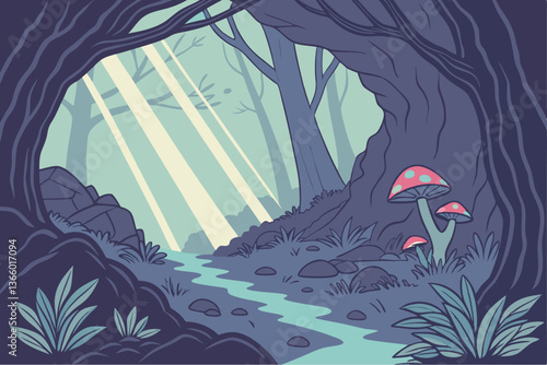 82 Fantasy cave entrance, magical underground garden, bioluminescent plants, ethereal light beams, colorful glowing mushrooms, mystical pathway, dreamy atmosphere, vibrant colors, underwater-like scen