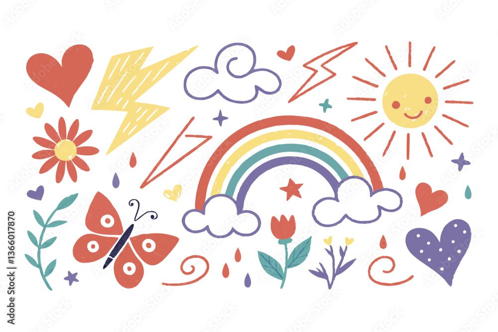 Fototapeta premium Hand-Drawn Crayon Doodle Set: Playful Hearts, Stars, Clouds, Rainbow, Lightning, Flowers, Arrows, Notes, Sun, Moon, Butterfly, and More in a Fun Childlike Artistic Style Vector Illustration