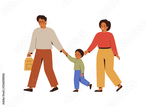 Parents accompany son to school. Happy Man and woman hold hands their baby boy and go together to kindergarten. Back to school concept. Parental control,care about children. Vector illustration