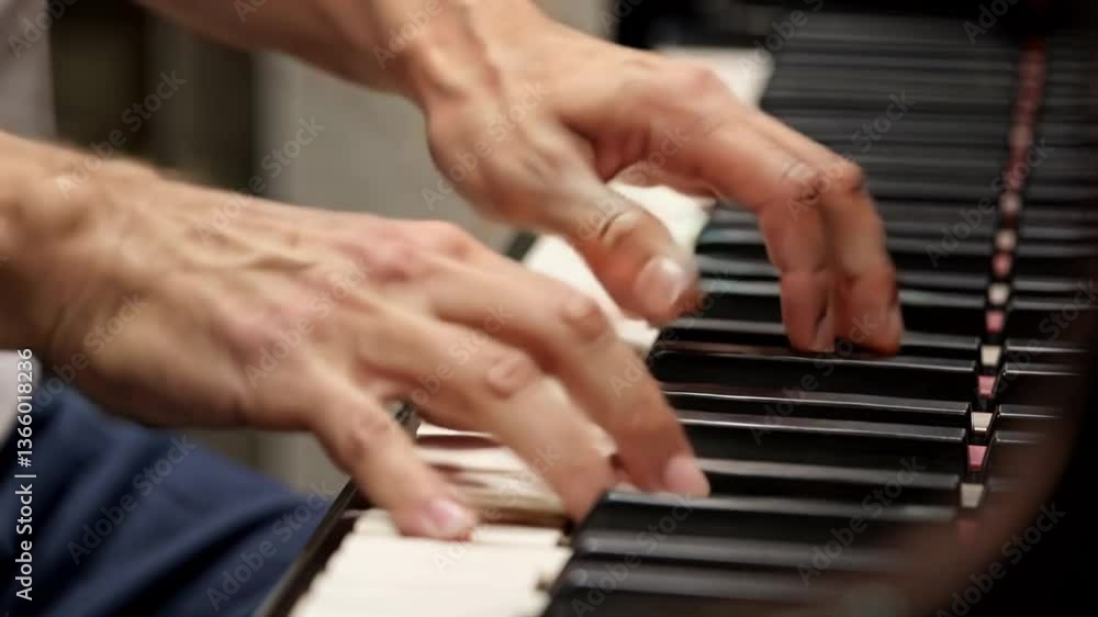 Hands gracefully playing a musical instrument, close-up on piano keys Hands gracefully playing a musical instrument, close-up on piano keys