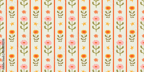Colorful floral seamless pattern illustration. Vintage style flower background design. Geometric natural wallpaper print, spring season nature backdrop texture with flowers.
