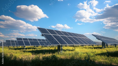 A next gen solar farm with AI optimized tracking panels, futuristic renewable energy station under a bright sky, Clean energy style