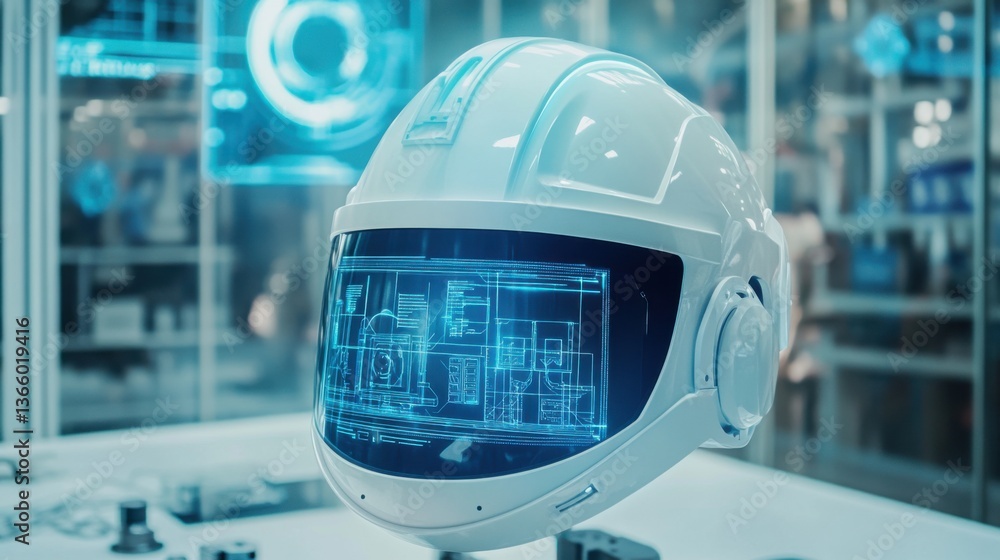 A smart AI powered helmet with an augmented reality heads up display, high-tech engineering workspace with holographic blueprints, Wearable technology style A smart AI powered helmet with an augmented reality heads up display, high-tech engineering workspace with holographic blueprints, Wearable technology style