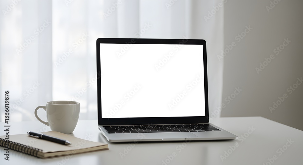 laptop on a table in a cozy white room laptop on a table in a cozy white room