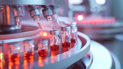 Automated pharmaceutical production line.  Glass vials with red liquid being processed by a robotic machine in a sterile environment.