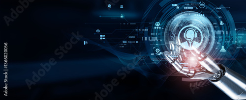 Hands of robots touch Customer service through chatbots, automated ticketing systems, self-service portals, live chat support, customer feedback analysis, AI-driven insights, personalized interactions