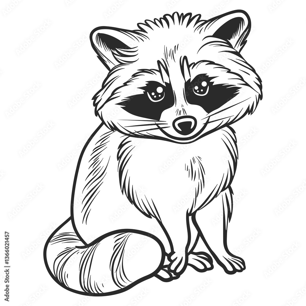 Obraz premium Adorable Cartoon Raccoon - Black and White Line Art Illustration