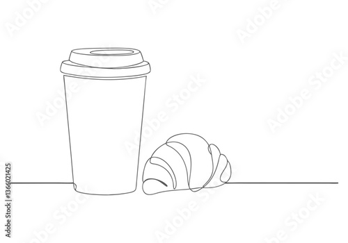 Minimalist continuous line drawing of coffee cup and croissant in black and white

