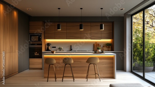 Wallpaper Mural A small breakfast bar illuminated by elegant pendant lighting features a contemporary kitchen, ideal for social gatherings. Torontodigital.ca