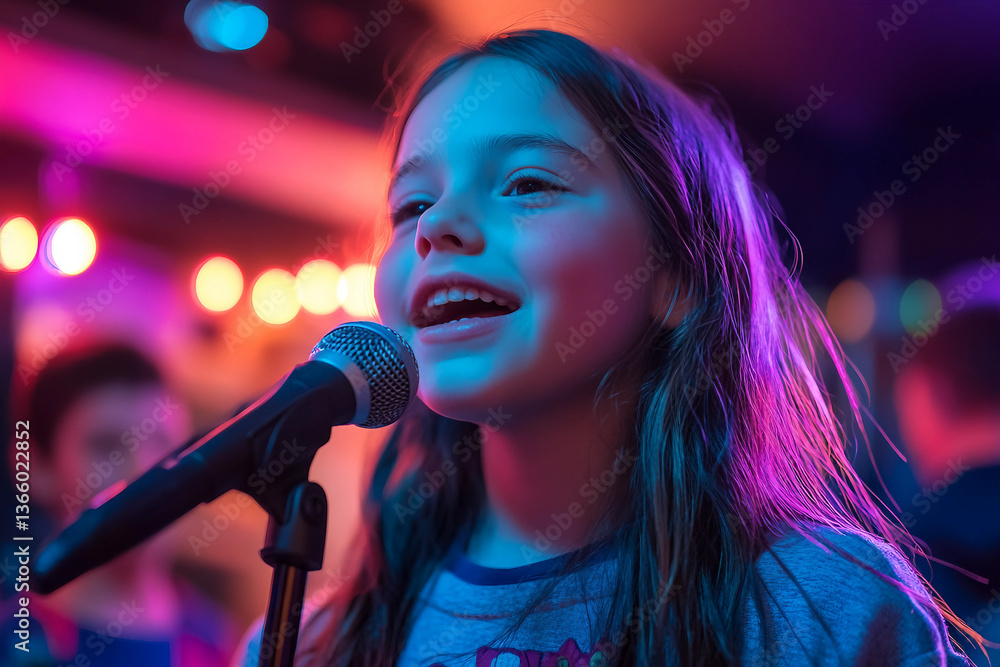 Smiling Girl Dancing at Children Party Surrounded by Colorful Lights and Joyful Atmosphere, generative ai Smiling Girl Dancing at Children Party Surrounded by Colorful Lights and Joyful Atmosphere, generative ai