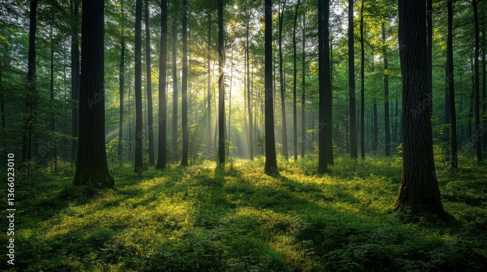 A lush forest wallpaper with tall, green trees, dappled sunlight, and a serene atmosphere for a nature-inspired room A lush forest wallpaper with tall, green trees, dappled sunlight, and a serene atmosphere for a nature-inspired room