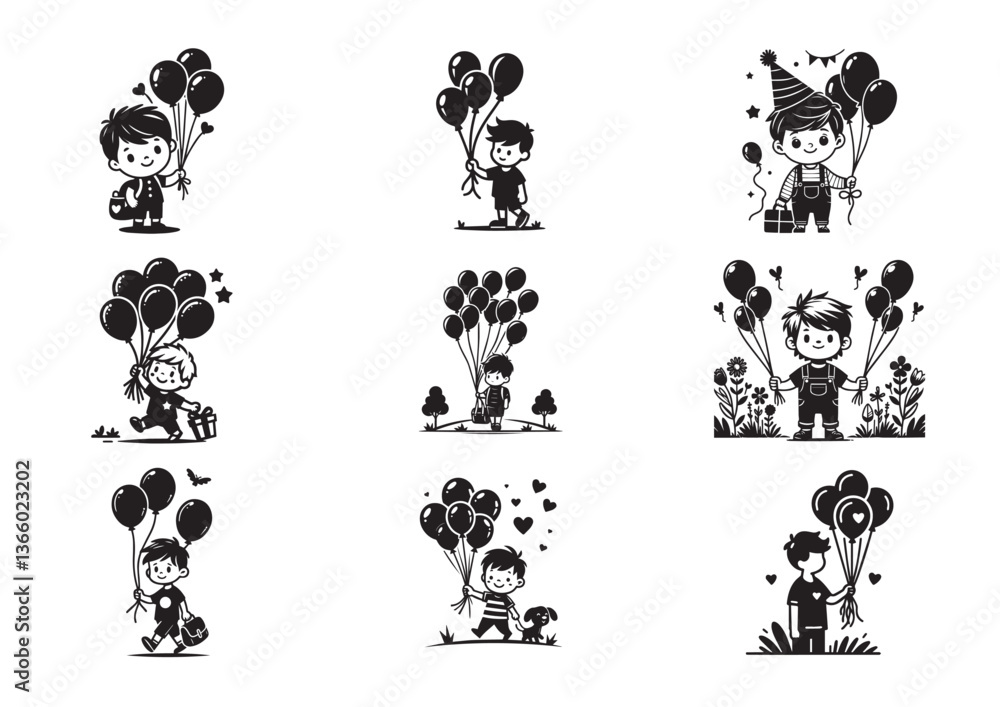 Boy with balloons silhouette vector Boy with balloons silhouette vector