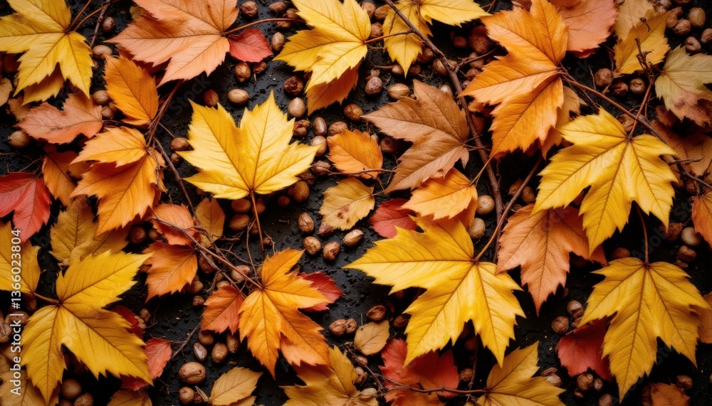 Textured Autumn Palette A vibrant and textured display of golden leaves intermingled with twigs and scattered seeds Textured Autumn Palette A vibrant and textured display of golden leaves intermingled with twigs and scattered seeds