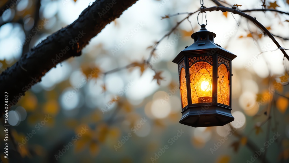 A glowing lantern hangs from a tree branch, creating a warm and inviting atmosphere during twilight in a serene outdoor setting. A glowing lantern hangs from a tree branch, creating a warm and inviting atmosphere during twilight in a serene outdoor setting.