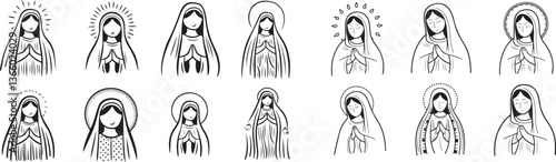 Line Art Illustrations of Virgin Mary in Prayer