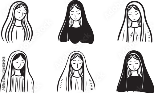 Collection of Sad Woman Faces with Veil in Minimal Line Art Style