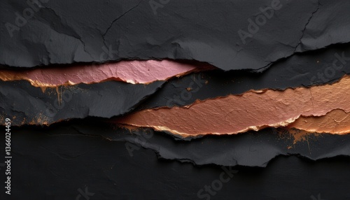 Layered Textures A layered composition featuring black, textured paper with rips and tears, combined with metallic accents or contrasting colors photo