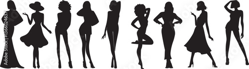 female fashion silhouettes with afro hairstyles and trendy outfits, modern woman vector art for beauty, design, and lifestyle themes