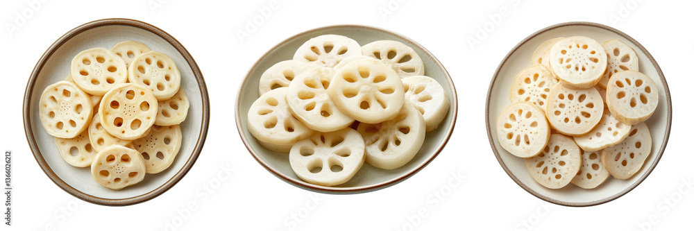 Freshly Sliced Lotus Root on Plates for Health Food Presentation Isolated on a Transparent Background Freshly Sliced Lotus Root on Plates for Health Food Presentation Isolated on a Transparent Background