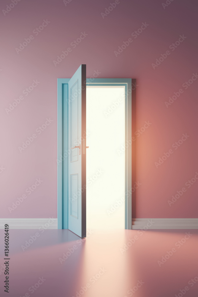 Ethereal Open Door with Soft Light Illuminating Pink Walls in Serene Atmosphere Ethereal Open Door with Soft Light Illuminating Pink Walls in Serene Atmosphere