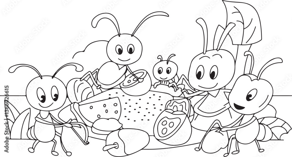 Picnic Table Illustration with Ants Crawling Over Fresh Fruits Under Grape and Peach Trees Nature Coloring Page Picnic Table Illustration with Ants Crawling Over Fresh Fruits Under Grape and Peach Trees Nature Coloring Page