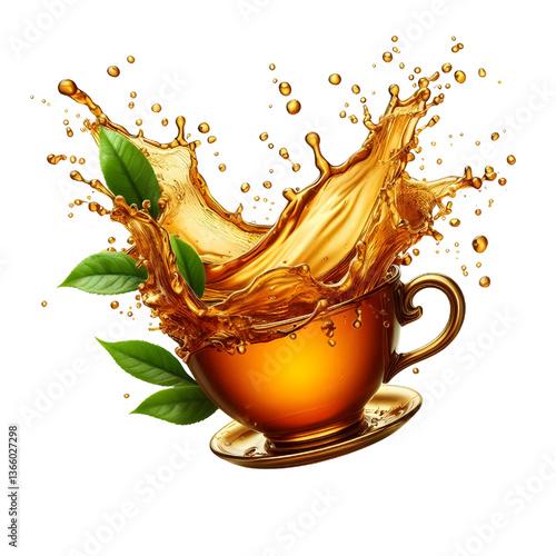 Splash of tea in the falling cup isolated on white isolated on white background