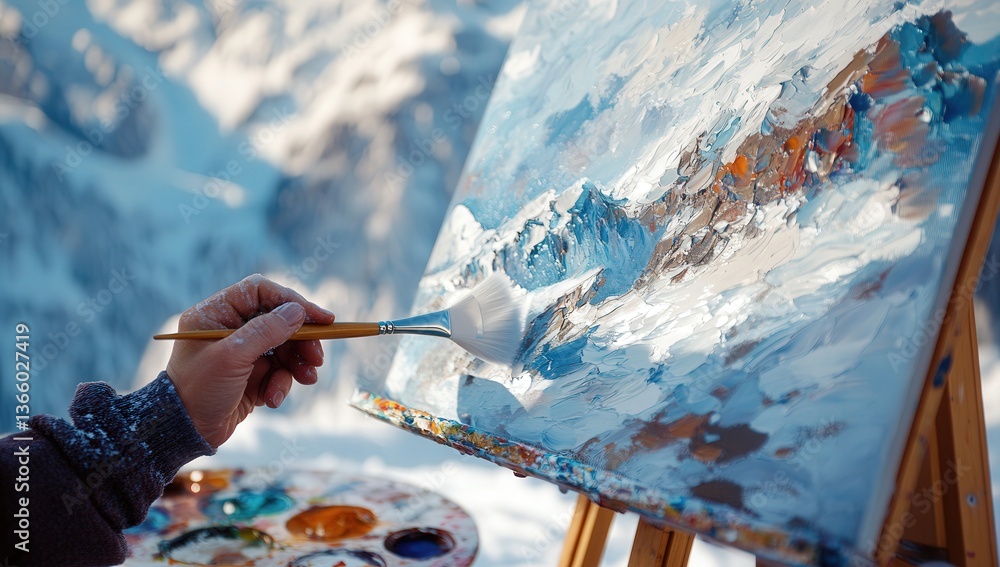 Obraz premium A person paints a snow-capped mountain landscape outdoors, capturing nature's beauty on canvas with a palette knife.