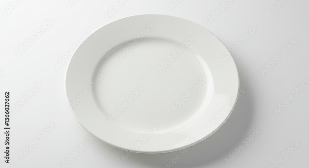 A simple overhead shot of a plain white ceramic plate centered on a bright white background surface area A simple overhead shot of a plain white ceramic plate centered on a bright white background surface area