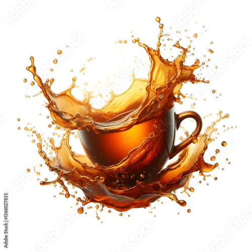 Splash of tea in the falling cup isolated on white isolated on white background