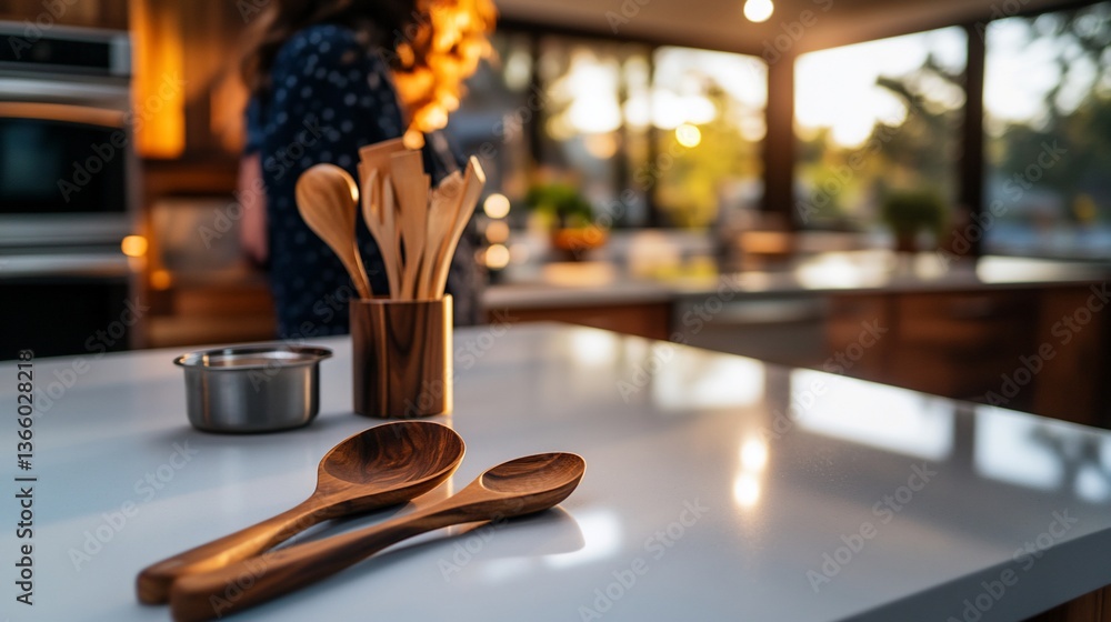 Naklejka premium Rustic wooden utensils and kitchenware accessories illuminated by sunlight