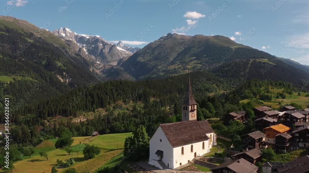A charming alpine village with a church surrounded by lush green fields and mountains A charming alpine village with a church surrounded by lush green fields and mountains