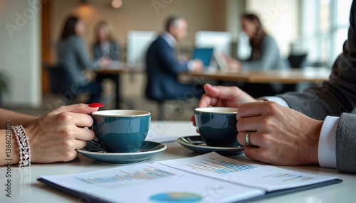 Male and female hands with coffee over financial charts. Concept for business discussion, partnership, or a bookkeeping affair scenario. Finance, discussion, private conversation concept.