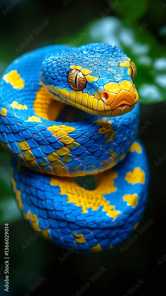 Vibrant Blue and Yellow Snake in Lush Jungle. Vibrant Blue and Yellow Snake in Lush Jungle.