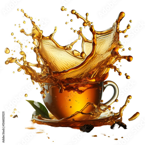 Splash of tea in the falling cup isolated on white isolated on white background