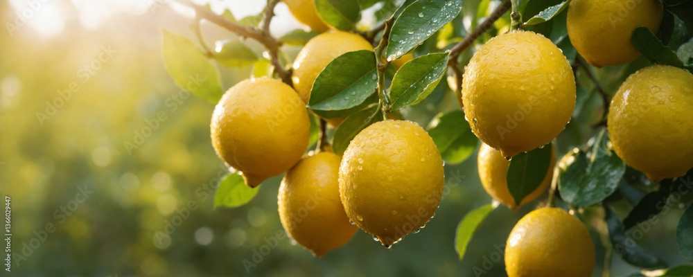 Fresh juicy lemons with water drops on tree branch at sunlit. Ripe fruit for lemonade, summer dessert, healthy diet, food blogging, fresh market or organic farm advertising banner or poster. Fresh juicy lemons with water drops on tree branch at sunlit. Ripe fruit for lemonade, summer dessert, healthy diet, food blogging, fresh market or organic farm advertising banner or poster.