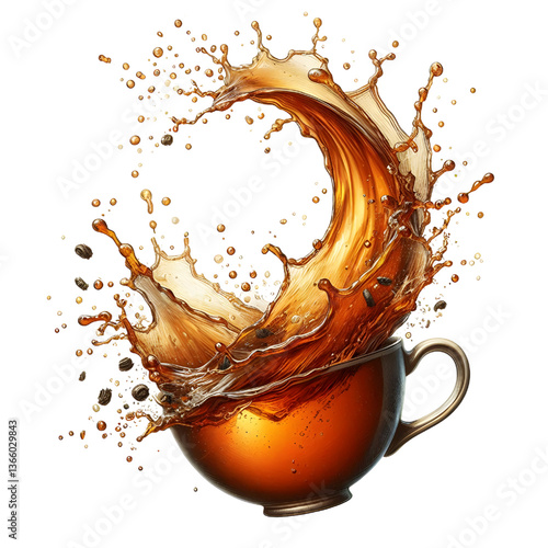 Splash of tea in the falling cup isolated on white isolated on white background
