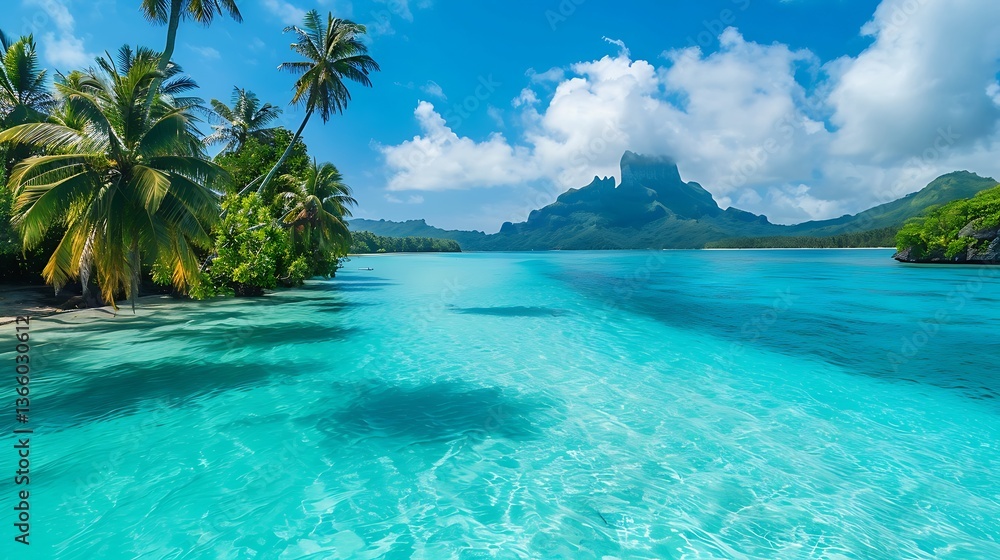 Fototapeta premium A hidden tropical paradise with a turquoise lagoon and exotic palm trees swaying in the breeze