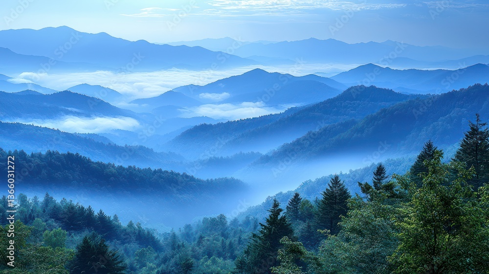 Obraz premium Misty Blue Ridge Mountains at Dawn Scenic View