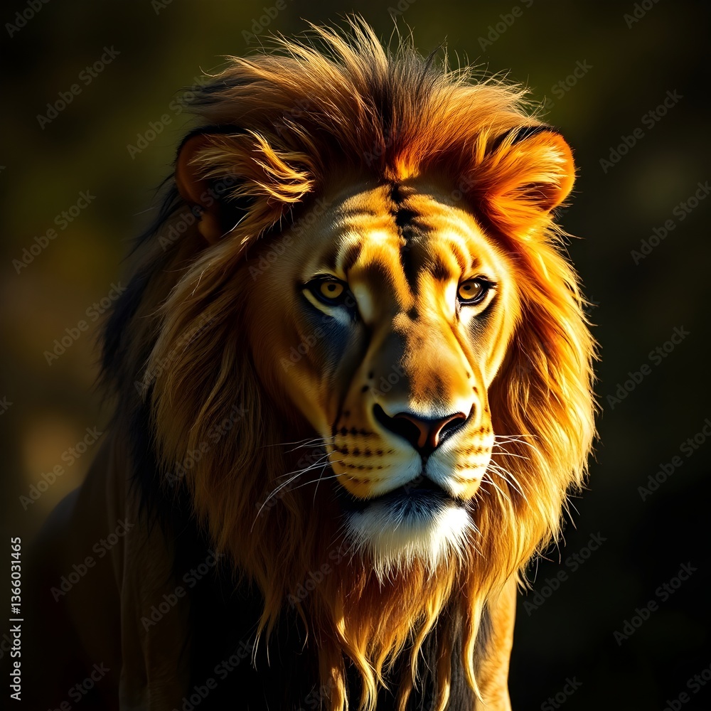 A photograph of a lion, the subject sharply focused with a blurred bokeh background. Soft light illuminates the lion, creating diffused shadows and a subtle glow. The color palette is warm and natural A photograph of a lion, the subject sharply focused with a blurred bokeh background. Soft light illuminates the lion, creating diffused shadows and a subtle glow. The color palette is warm and natural